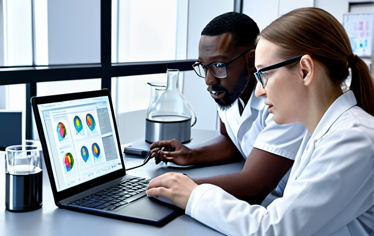 ** A diverse team of researchers working together in a modern lab, utilizing digital tools on laptops and tablets. Focus on open communication and transparent data sharing.
**