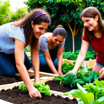 A vibrant, community-led urban garden in Valencia, Spain. Local farmers, university students, and NGO members are working together, planting vegetables and sharing knowledge. The scene captures the spirit of collaboration and sustainable food production, showcasing a strong sense of community and local development. Focus on the colors of fresh produce, healthy plants, and the happy, engaged faces of the participants.