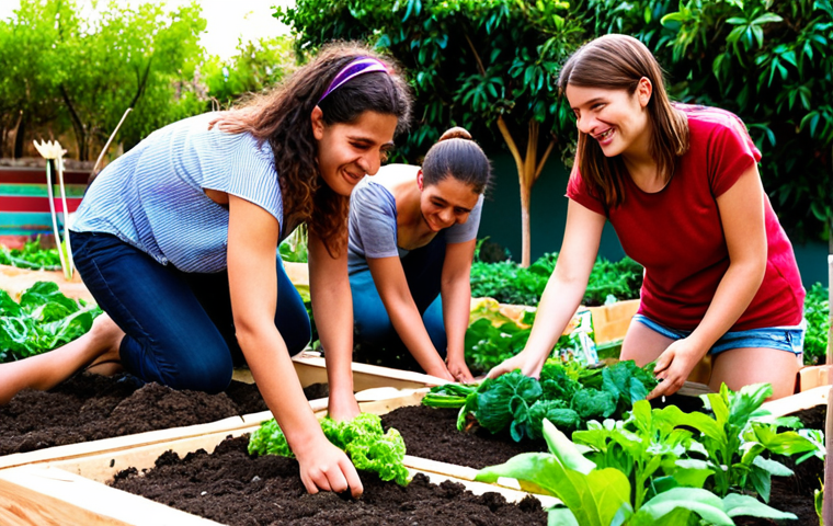 A vibrant, community-led urban garden in Valencia, Spain. Local farmers, university students, and NGO members are working together, planting vegetables and sharing knowledge. The scene captures the spirit of collaboration and sustainable food production, showcasing a strong sense of community and local development. Focus on the colors of fresh produce, healthy plants, and the happy, engaged faces of the participants.