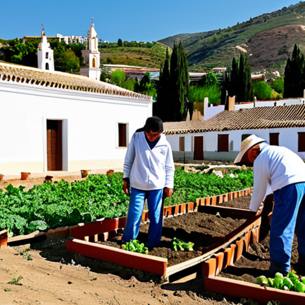 Community Garden Project**

"Students in appropriate attire, fully clothed, working alongside local farmers in a community garden in Andalusia, Spain, planting vegetables and learning about sustainable agriculture. Background shows traditional white-washed buildings. Safe for work, appropriate content, family-friendly, perfect anatomy, correct proportions, natural pose, professional photography, high quality."

**