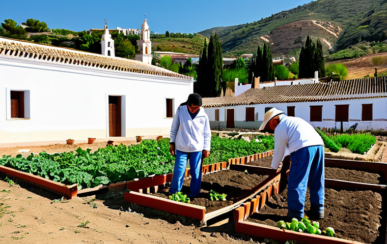 Community Garden Project**

"Students in appropriate attire, fully clothed, working alongside local farmers in a community garden in Andalusia, Spain, planting vegetables and learning about sustainable agriculture. Background shows traditional white-washed buildings. Safe for work, appropriate content, family-friendly, perfect anatomy, correct proportions, natural pose, professional photography, high quality."

**