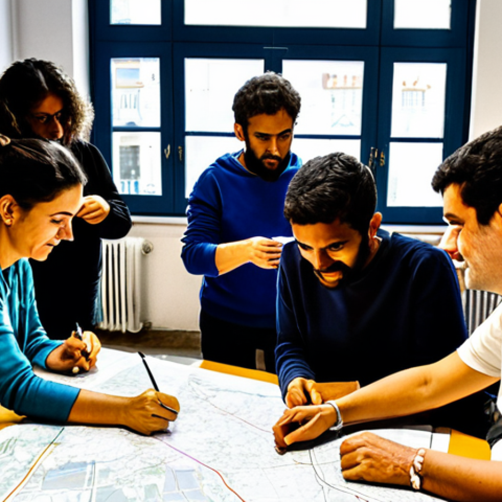 **
"Community members participating in a participatory mapping workshop in the Lavapiés neighborhood of Madrid. The scene shows people of diverse backgrounds collaboratively drawing on a large map, identifying key locations and community resources. Everyone is fully clothed in casual and comfortable attire appropriate for a workshop setting. Sunlight streams through the windows of a community center. Safe for work, appropriate content, fully clothed, professional, perfect anatomy, correct proportions, natural pose, well-formed hands, proper finger count, natural body proportions."
**