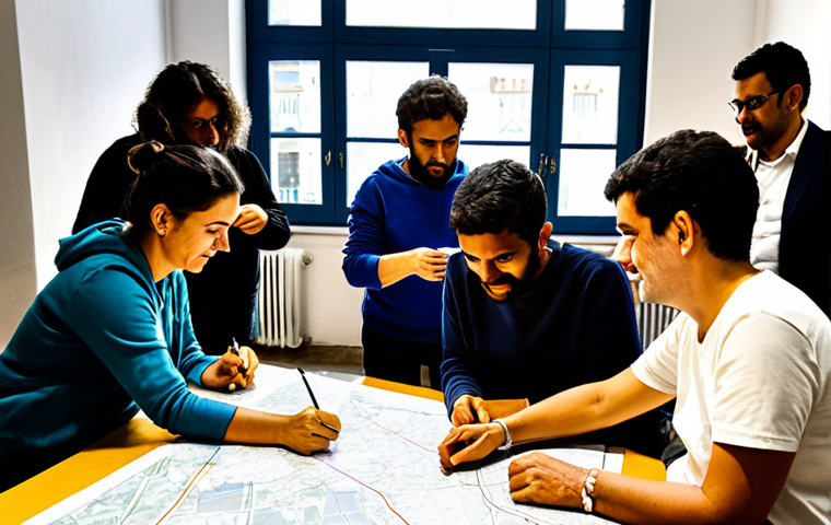 **

"Community members participating in a participatory mapping workshop in the Lavapi&eacute;s neighborhood of Madrid. The scene shows people of diverse backgrounds collaboratively drawing on a large map, identifying key locations and community resources. Everyone is fully clothed in casual and comfortable attire appropriate for a workshop setting. Sunlight streams through the windows of a community center. Safe for work, appropriate content, fully clothed, professional, perfect anatomy, correct proportions, natural pose, well-formed hands, proper finger count, natural body proportions."

**