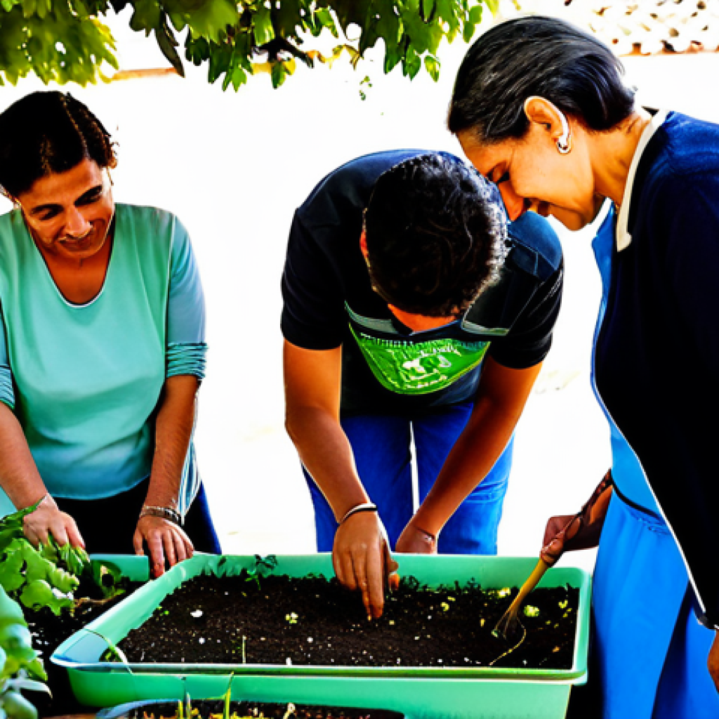 Community Workshop**
"A diverse group of people, fully clothed and in casual attire, participating in a community workshop focused on urban gardening in a sunny, vibrant neighborhood in Seville, Spain. They are gathered around a table planting seedlings. The atmosphere is collaborative and positive. Safe for work, appropriate content, family-friendly, professional photography, perfect anatomy, natural proportions, well-formed hands, proper finger count."
**