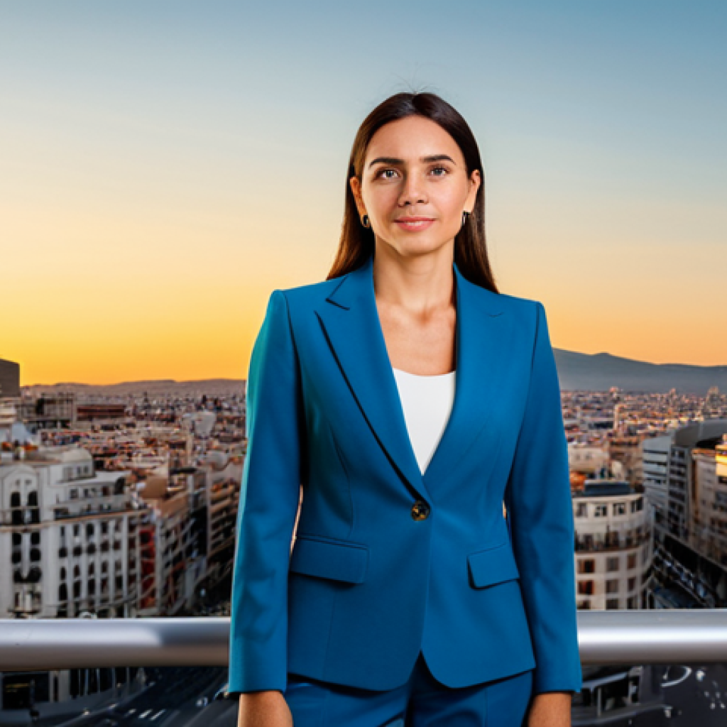 **Subject:** A successful businesswoman
**Clothing:** Wearing a tailored, modest business suit.
**Environment:** Standing confidently in front of the Madrid skyline at sunset.
**Modifiers:** Professional, empowering, fully clothed, safe for work, perfect anatomy, natural proportions, professional photography, high quality.