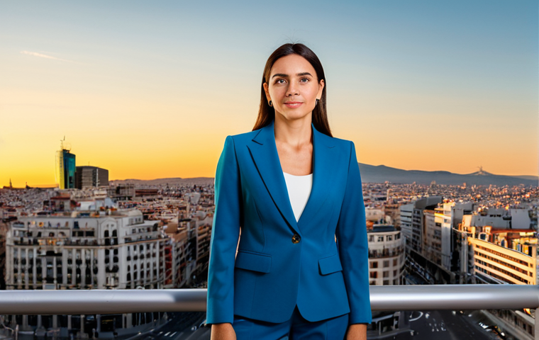 **Subject:** A successful businesswoman
**Clothing:** Wearing a tailored, modest business suit.
**Environment:** Standing confidently in front of the Madrid skyline at sunset.
**Modifiers:** Professional, empowering, fully clothed, safe for work, perfect anatomy, natural proportions, professional photography, high quality.