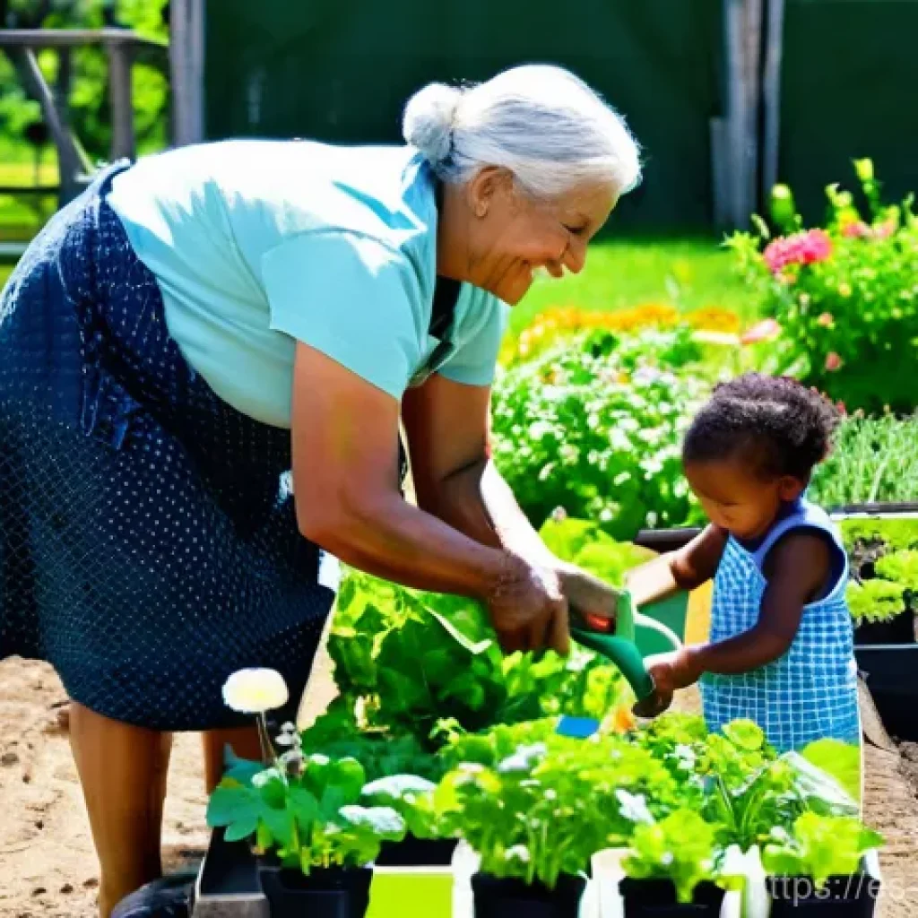 참여형 연구의 사회적 자본 구축 - **Community Garden Day: Weaving Connections**
A vibrant, sun-drenched community garden bustling ...