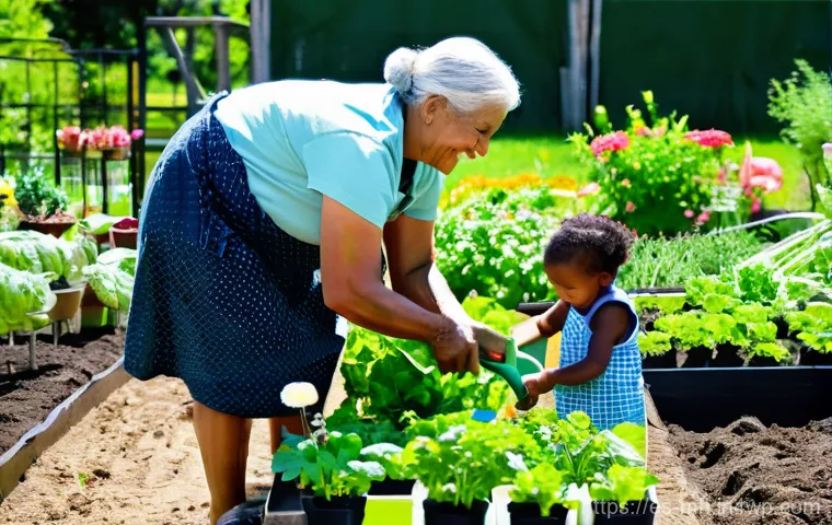 참여형 연구의 사회적 자본 구축 - **Community Garden Day: Weaving Connections**
    A vibrant, sun-drenched community garden bustling ...