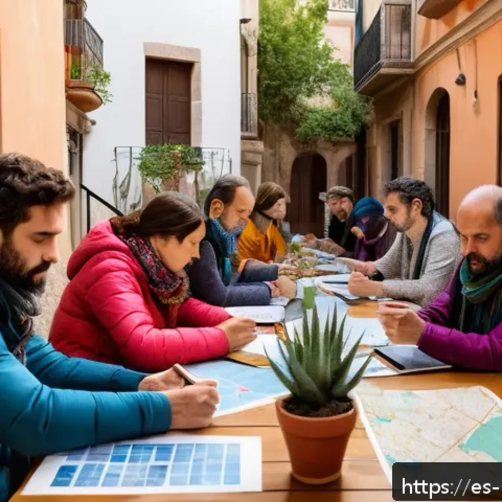 참여형 연구의 지속 가능한 발전 - A vibrant community workshop set in a colorful urban neighborhood in Spain, featuring diverse adult ...