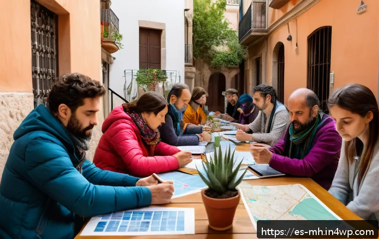 참여형 연구의 지속 가능한 발전 - A vibrant community workshop set in a colorful urban neighborhood in Spain, featuring diverse adult ...